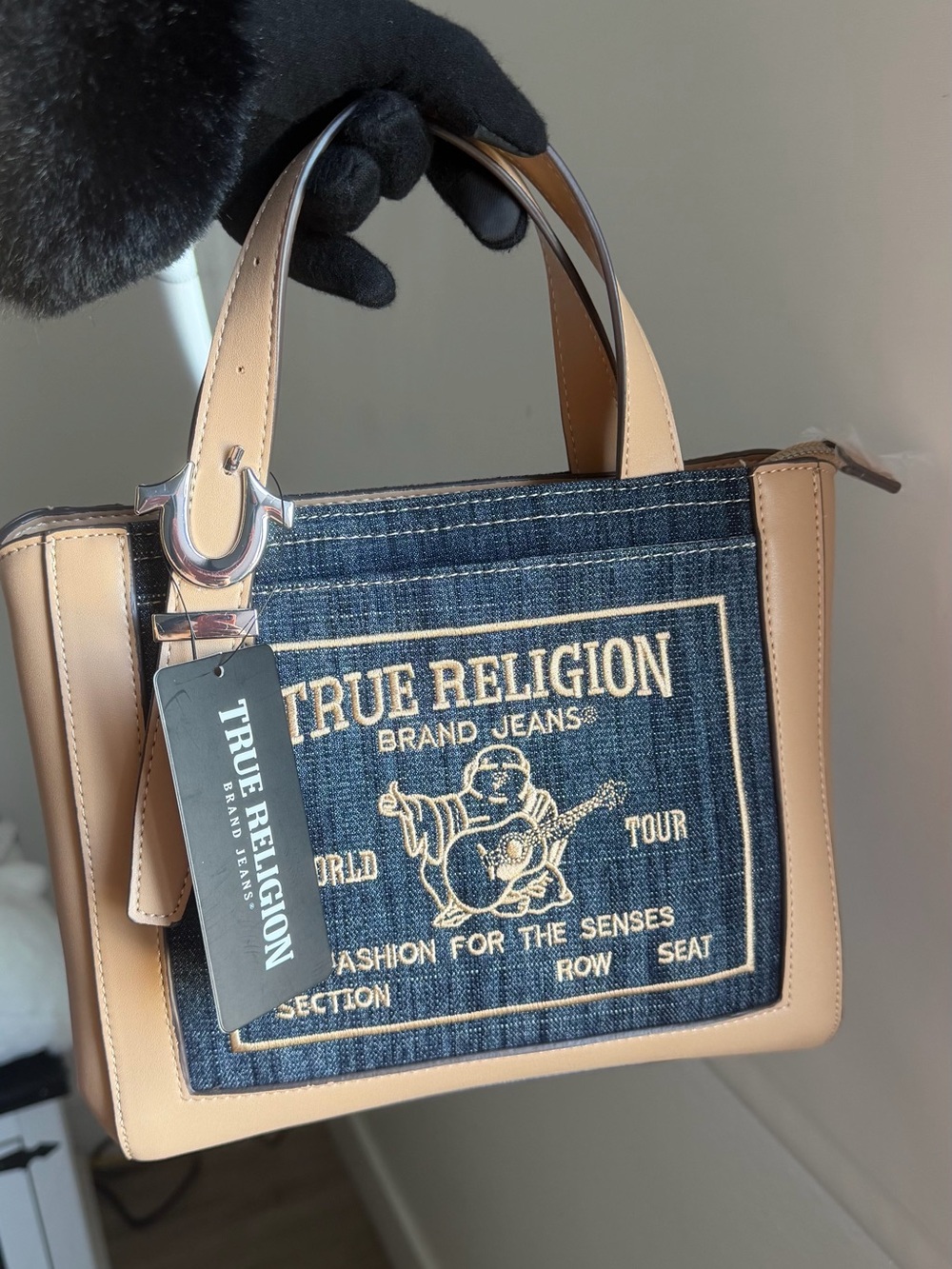 True Religion Beige and Denim Crossbody Satchel